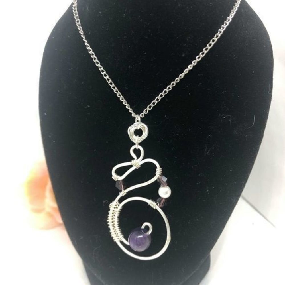 Silver Aluminum Hammered Finish Swirl Pendant with Amethyst, Pearl and Crystal ( - Picture 3 of 4